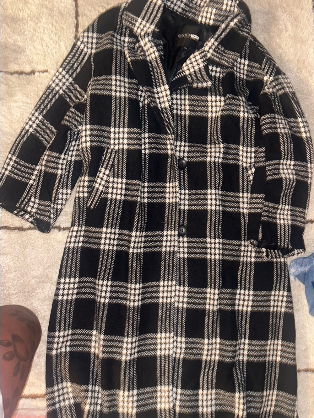 Fashion Nova Black and White Plaid Pea Coat